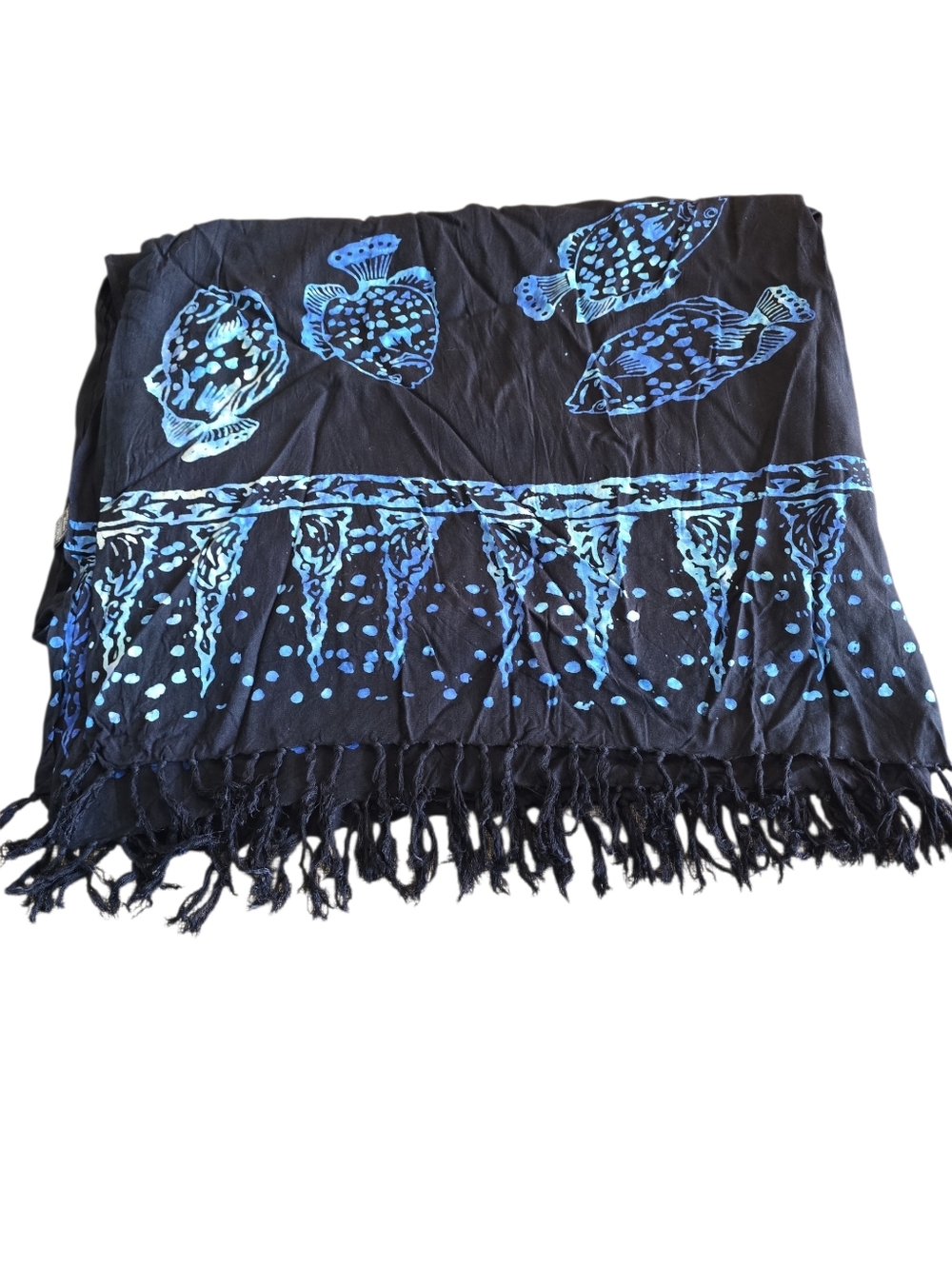Black Koko Knot Sarong Blue Fish Fringed Rayon Skirt  Beach Cover Wrap